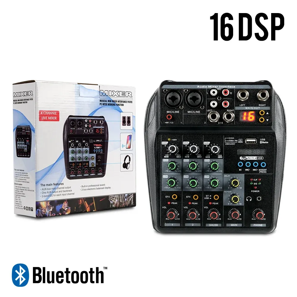 Accessoires 4 Kanäle USB Bluetooth -Mixer Audio Sound Tabelle Mischkonsole -Aufzeichnung Computerverzögerung mit 48 -V -Phantomleistung 16 DSP -Effekte