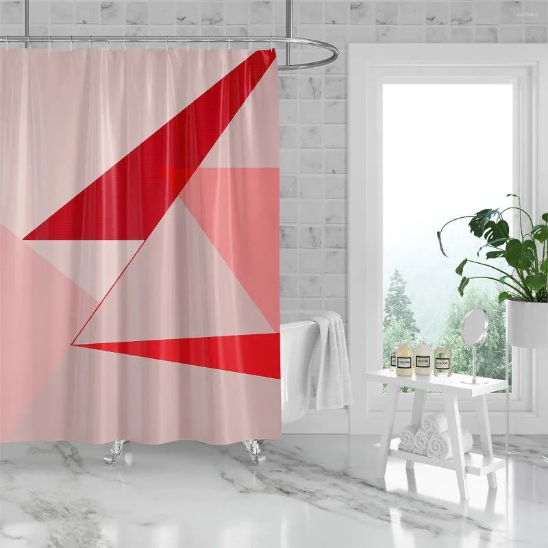 Shower Curtains 180x180cm Bathroom Waterproof Polyester Curtain Mold Resistant Perforated With Hooks Pink And Red Color Block Splicing