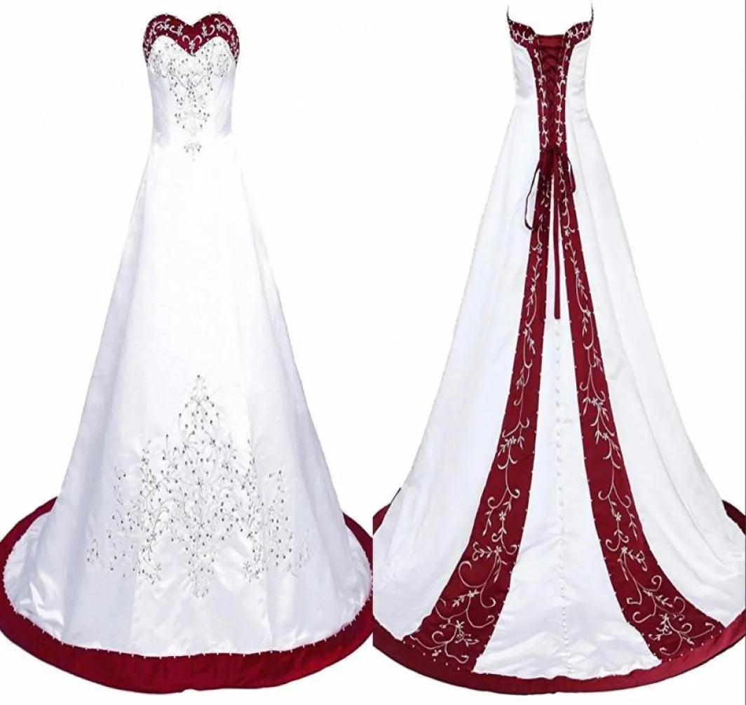 Elegant röd och vit bröllopsklänning broderi prinsessan satin en linje snörning bakåt domstolståg paljetter pärlad lång billig bröllop go9856744