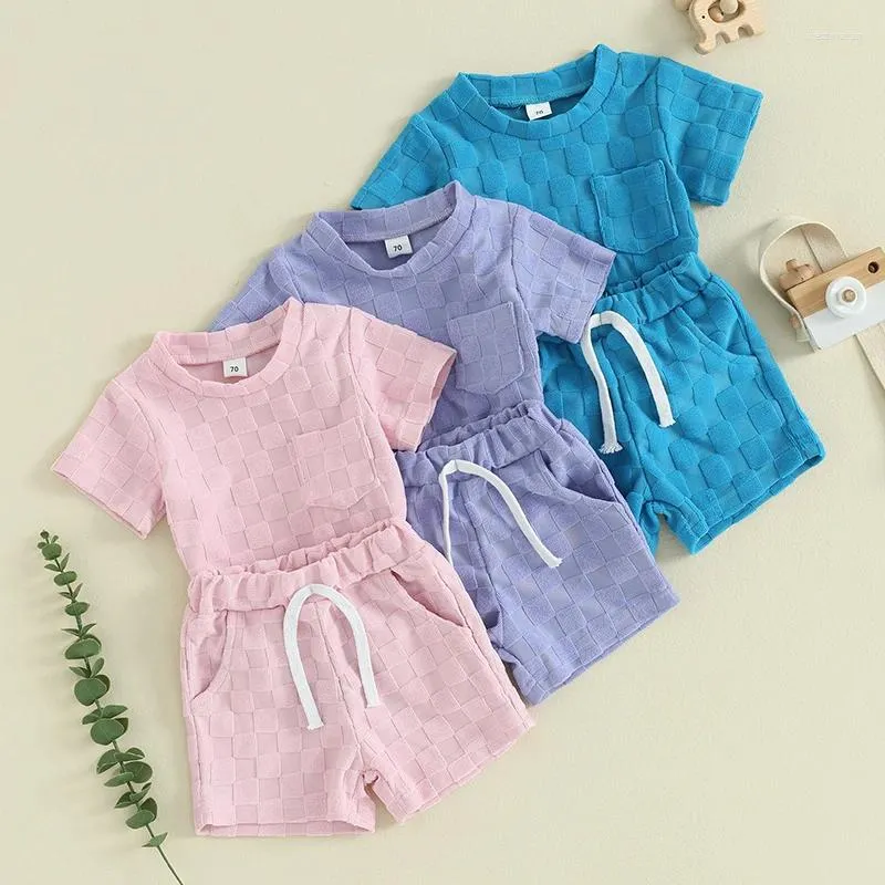 Ensembles de vêtements pour enfants pour enfants bébé filles vêtements d'été damier de poche à manches courtes t-shirts t-shirts
