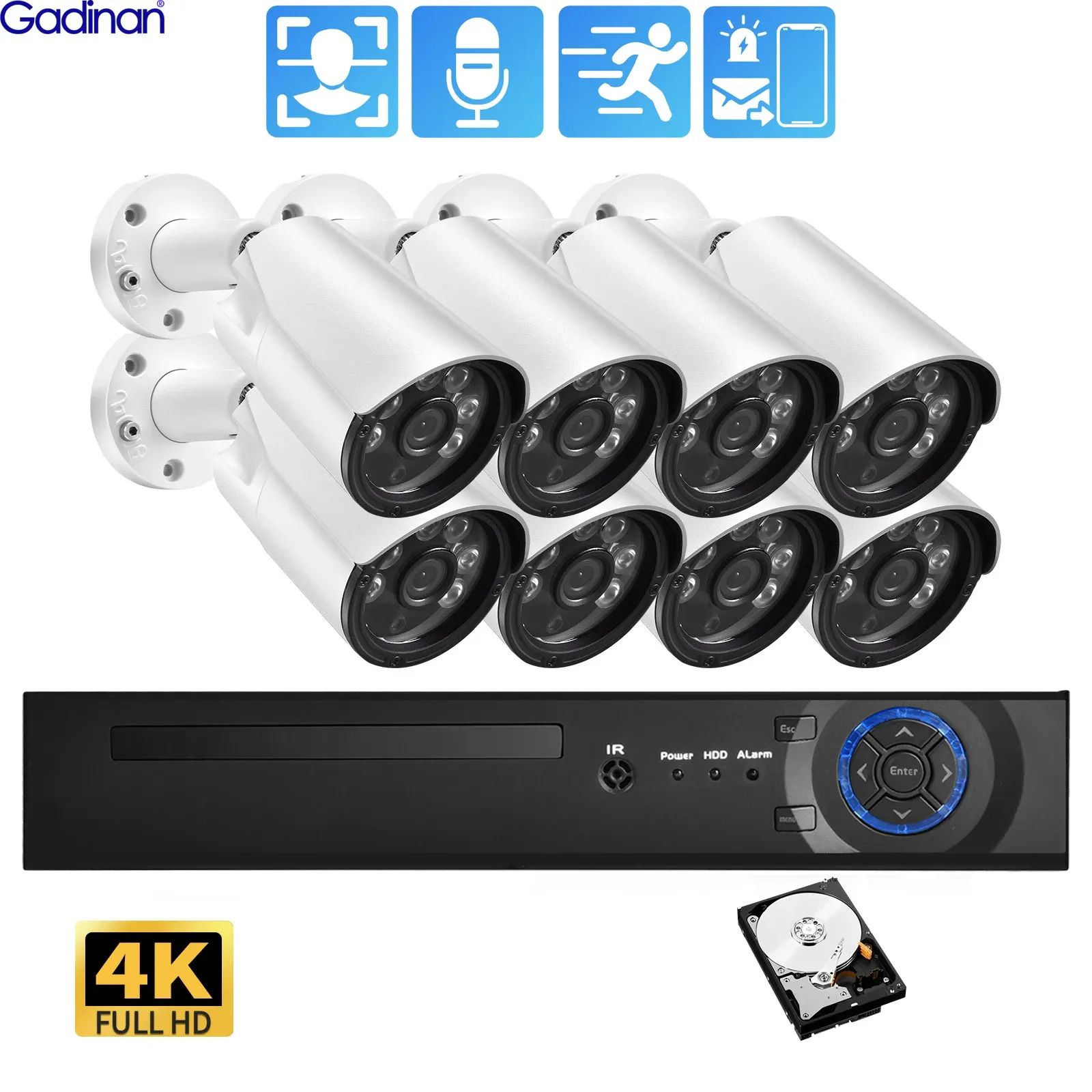 Система Gadinan 4K Security Camera System AI Face DeTect Ultra HD 8MP POE NVR Audio IR Night Vision Security Security CCTV SEPULANCE