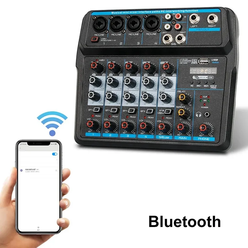 Player M6 Portable Mini Mixer o DJ Console со звуковой картой USB 48V Phantom Power для записи ПК пения Веб -трансляция (US Plug)