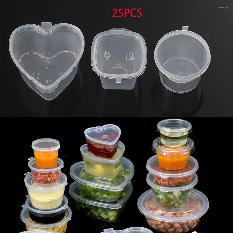 Bottiglie di stoccaggio 25pc 25 ml/27 ml/45 ml Conteni per alimenti usa e getta per alimenti in plastica Scatola di salsa riutilizzabile tazza piccola con coperchi incernierati