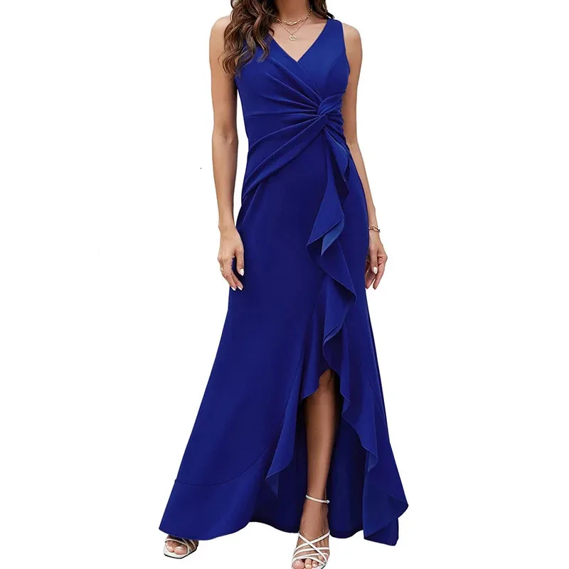 Vestidos de noite azul real e longos para mulheres vestidos formais Party Elegant V pescoço sem mangas, envoltório 240327