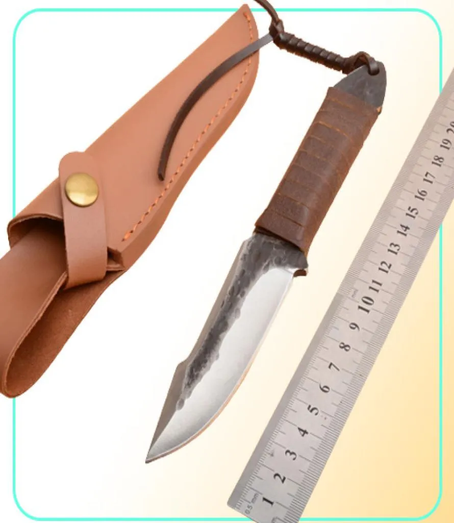 Выживание выживания прямой охотничий нож Высокоуглерое сталь -точка капля лезвия полная ручка с кожаной оболочкой 4032846