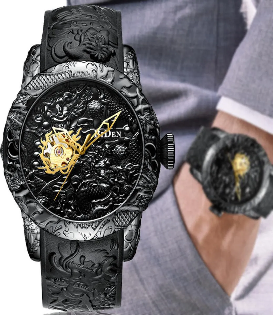 Luxury Black 3D Graved Dragon Automatic Mécanical Mécanique Mentiers Regardez Sports imperméables pour les hommes Horloge de poigne autonome Horloge mâle Y194513760