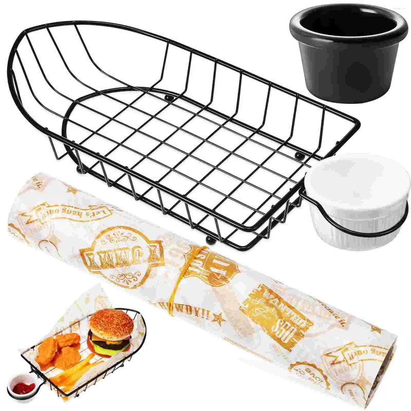 Tallrikar 1 Set rostfritt stål Fryer Basket Ceramic Sauce Cup Kit med pappersfoder för franska steksmörgåsar