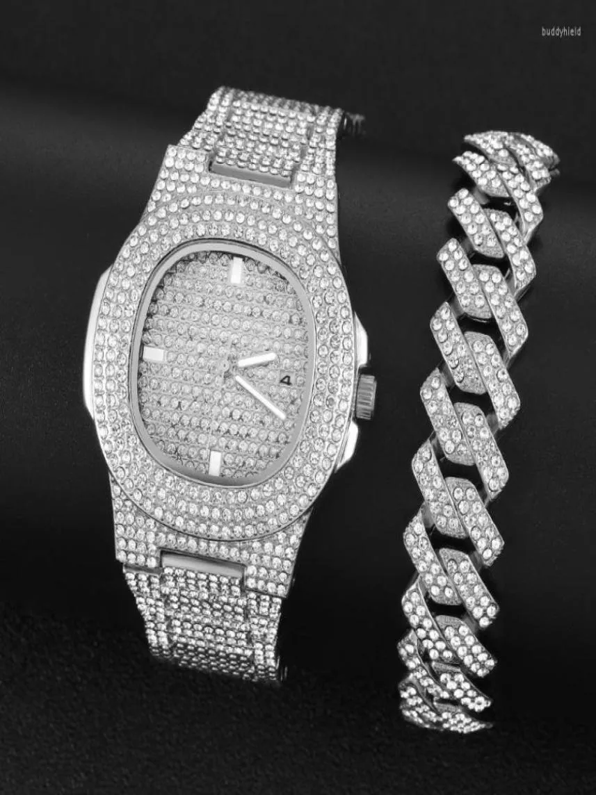 Montres-bracelets 2022 Iced Out Watch Bracelet for Women Mens Big Gold Cuban Chain Hip Hop Bijoux Set Rhinestone Men Miami6459240