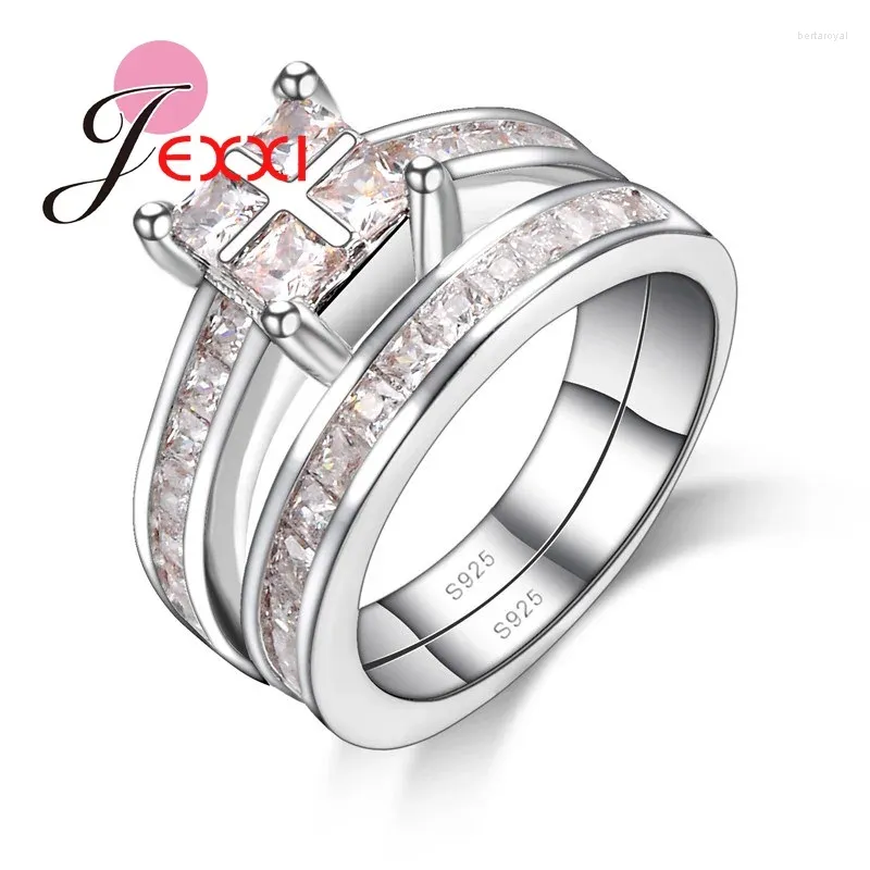 Cluster Rings Square Cut Cz Crystal Design Women Girl Charm Band Set 2pcs Шампанское кубическое циркониевое 925 стерлинговое серебро