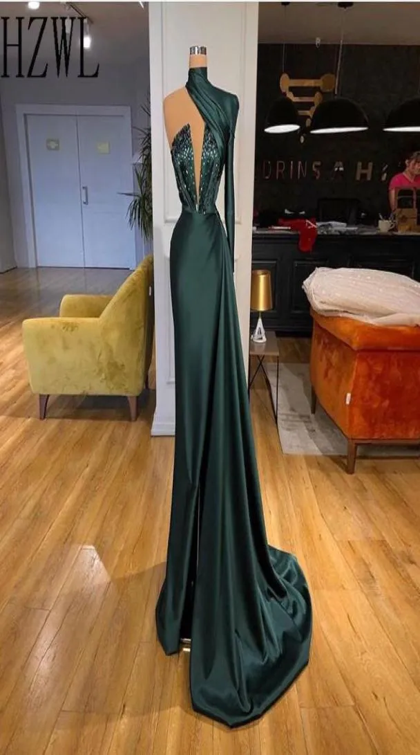 Dark Hunter Green Color Mermaid aftonklänningar Highneck Oneshoulder Crystal Draped Top Prom Dress Split Cocktail Dress Vestido7235771