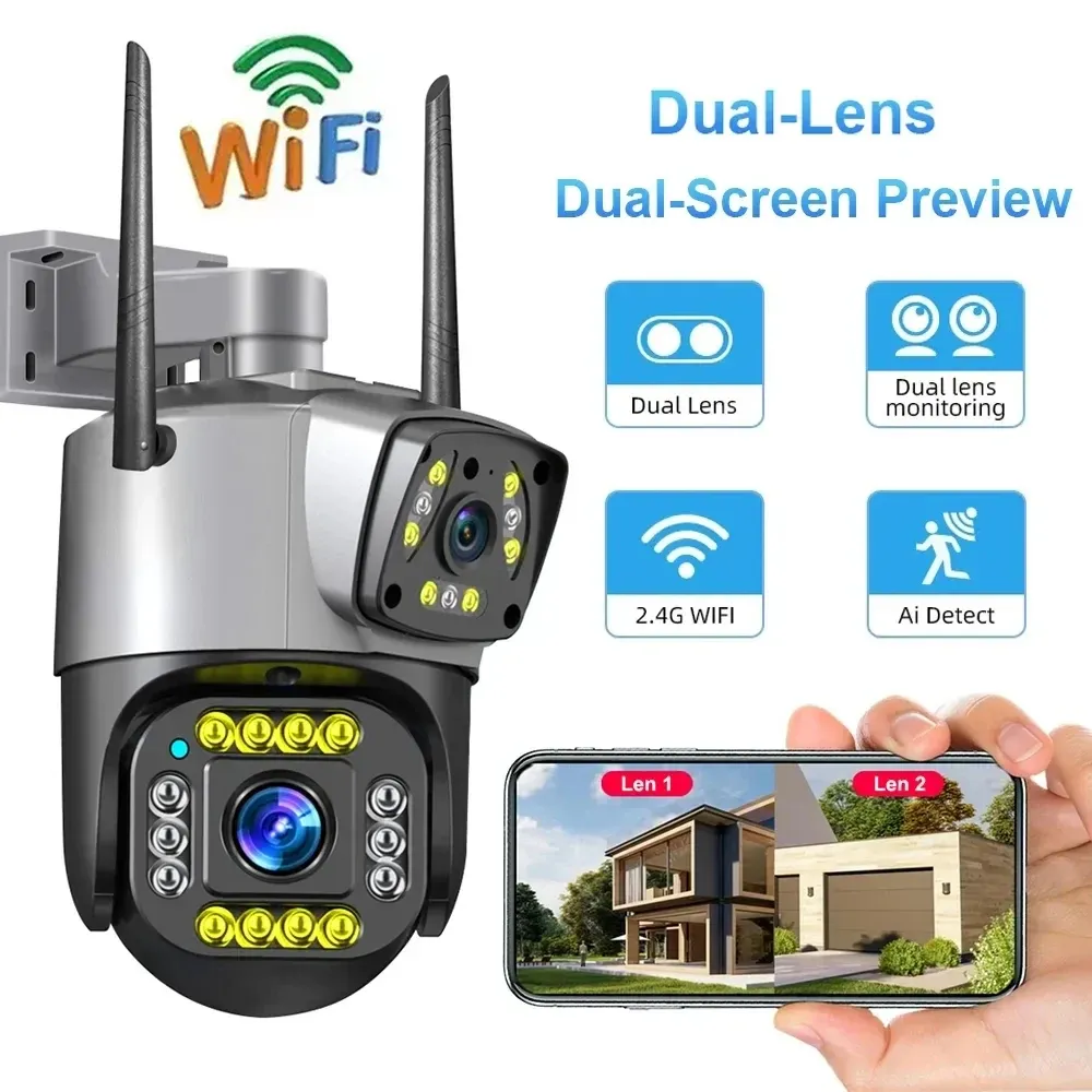 Cámaras 4MP Cámara de lente dual Wifi Detección de movimiento en tiempo real Alarma HD Visión nocturna a todo color V380 Cámara de vigilancia de seguridad