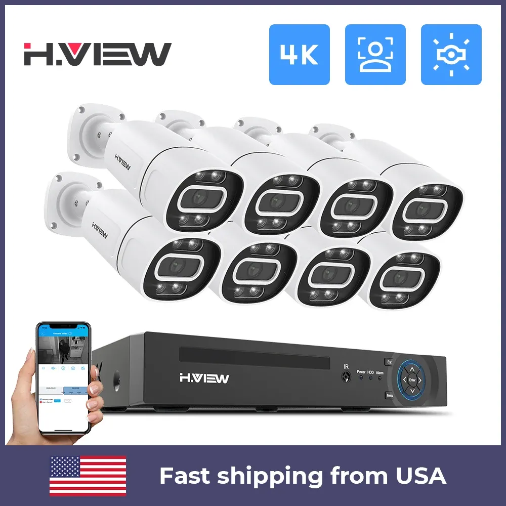 Système H.View CCTV Sécurité Caméra Système Home Video SurveIlLANC 8CH 4K 5MP 8MP Kit AI Audio OUTDOOR IP SECUR CAMERA POE XMEYE APP NVR