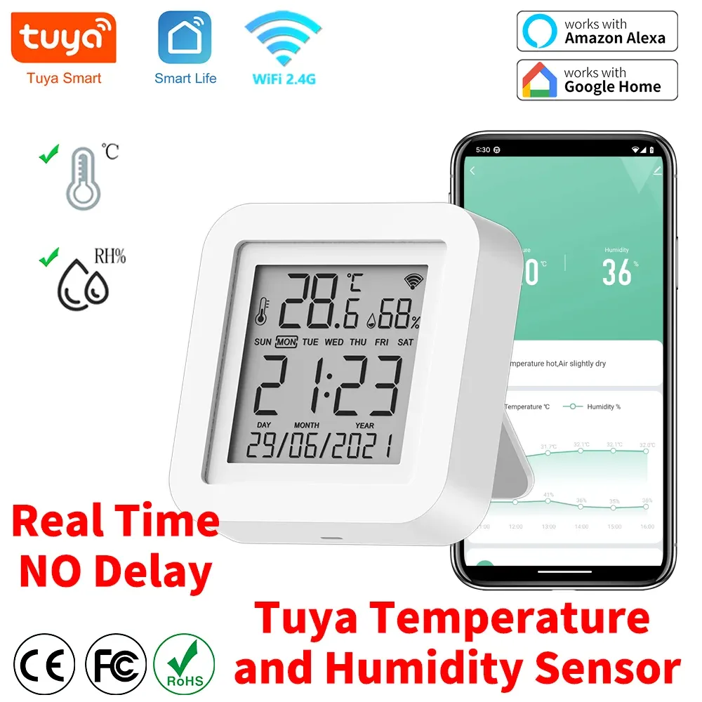 Intercom Tuya Wifi Temperature and Humidity Sensor Thermometer for Home Automation for Smart Home Work for Alexa Google Home