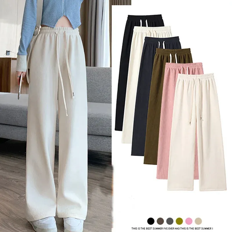 Mulheres Long Pants Spring Autumn Mulheres da cintura elástica Pontas de perna larga longa 2023 Feminino casual calça longa calça de pelúcia quente e espessada