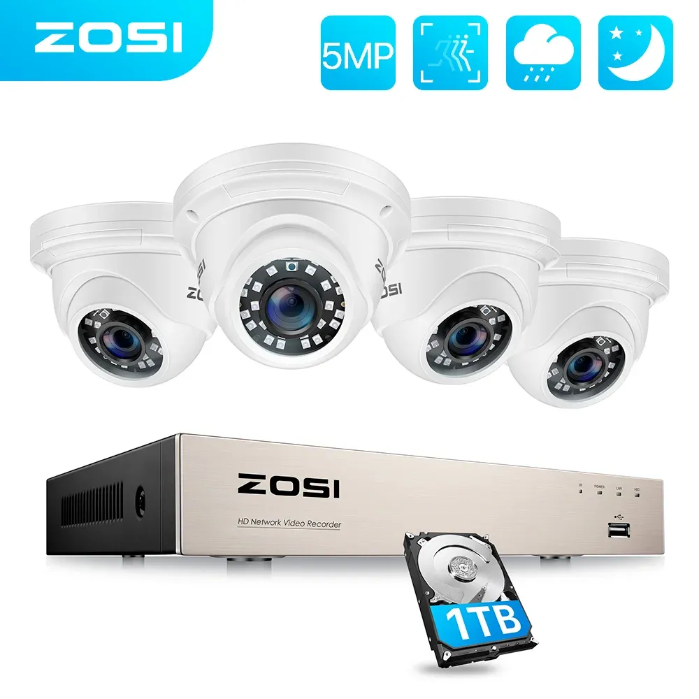 System ZOSI H.265+ 8CH 5MP POE NVR Kit CCTV Home Security System 4x5MP Waterproof Indoor/Outdoor Dome IP Camera Video Surveillance Set