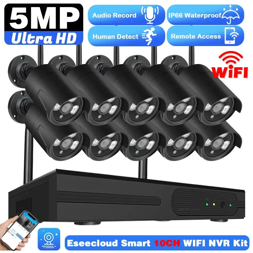 Системная беспроводная камера Wi -Fi 5MP Audio Smart AI Detection Detection Outdoor Security Camera 10CH NVR Система видеонаблюдения EseEcloud