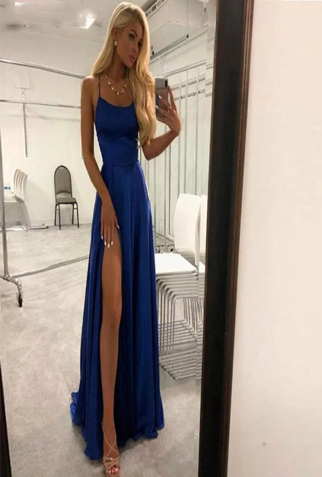 Goedkope satijnen jurk spaghetti riemen prom -jurken 2019 Royal Blue High Slit avond prom -jurken long7377711