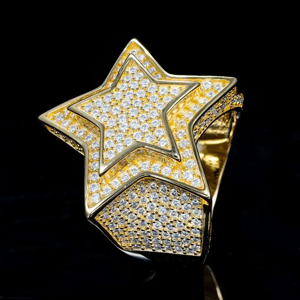 VVS Moissanite Hip Hop buzlu Yıldız Yüzüğü Gerçek 14K Gold Men Star Ring