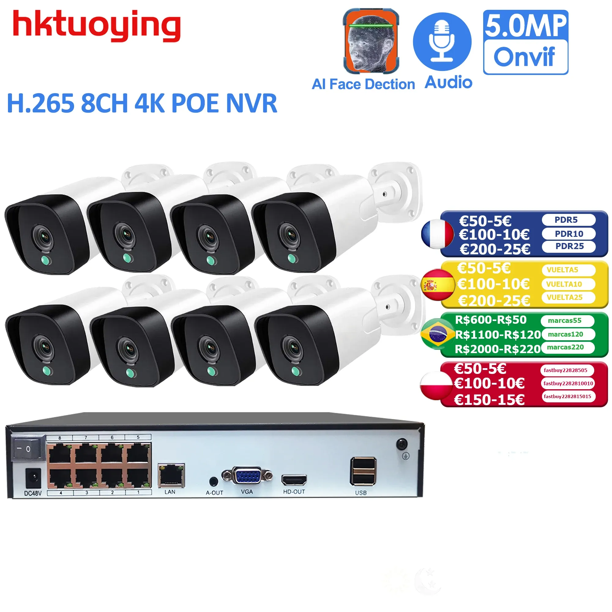 システムH.265+ 8CH 5MP POEセキュリティカメラNVRシステムキットオーディオレコードRJ45 IPカメラIR屋外防水CCTVビデオフェイス検出