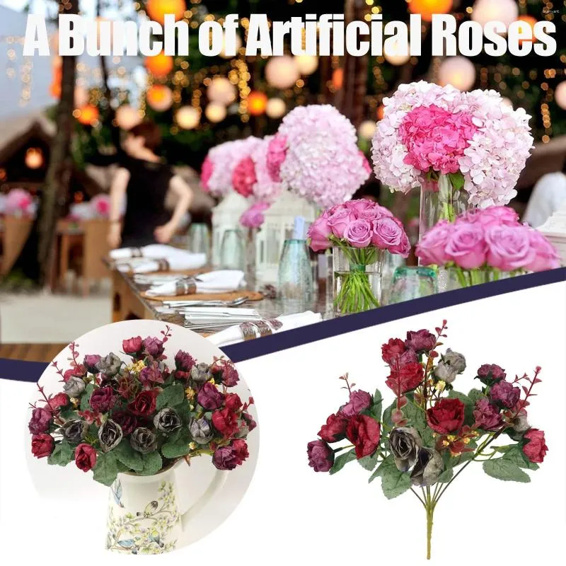 Fleurs décoratives Simulation de qualité parfaite 7 Branches 21 Roses Garland Artificiel Composé Bouquet de rose pour la fête de la maison de mariage