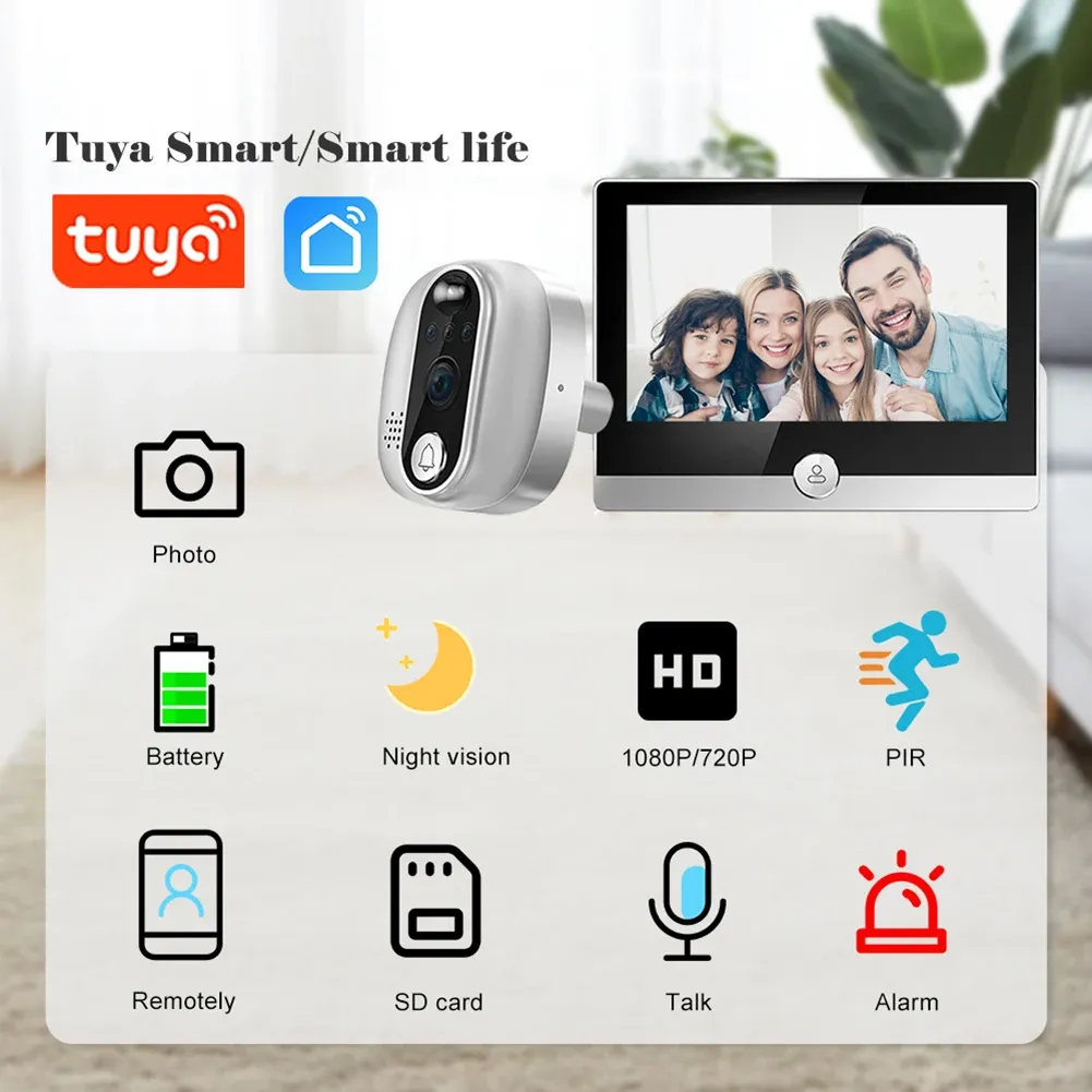 ドアベルW1 Tuya Peephole Camera 1080p 2.4G WiFiワイヤレスドアベル4.3inch IPS PIRモーション検出5000MAHリモートインターコムスマートホーム