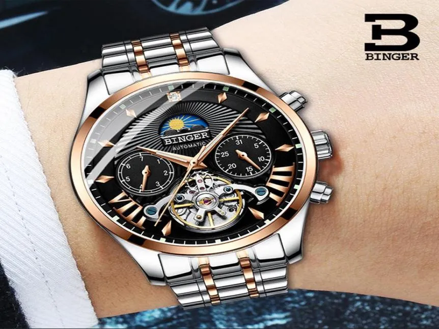 Schweiz Mechanical Watch Men Binger Rollklockor Skeleton Tourbillon Sapphire Manlig klocka Vattentäta armbandsur8733867