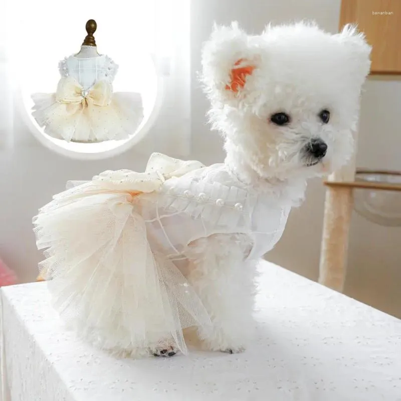 Hundkläder husdjur bröllopsklänning prinsessan elegant flerskiktsnät med bågpärldekor för små medelstora hundar enkelt