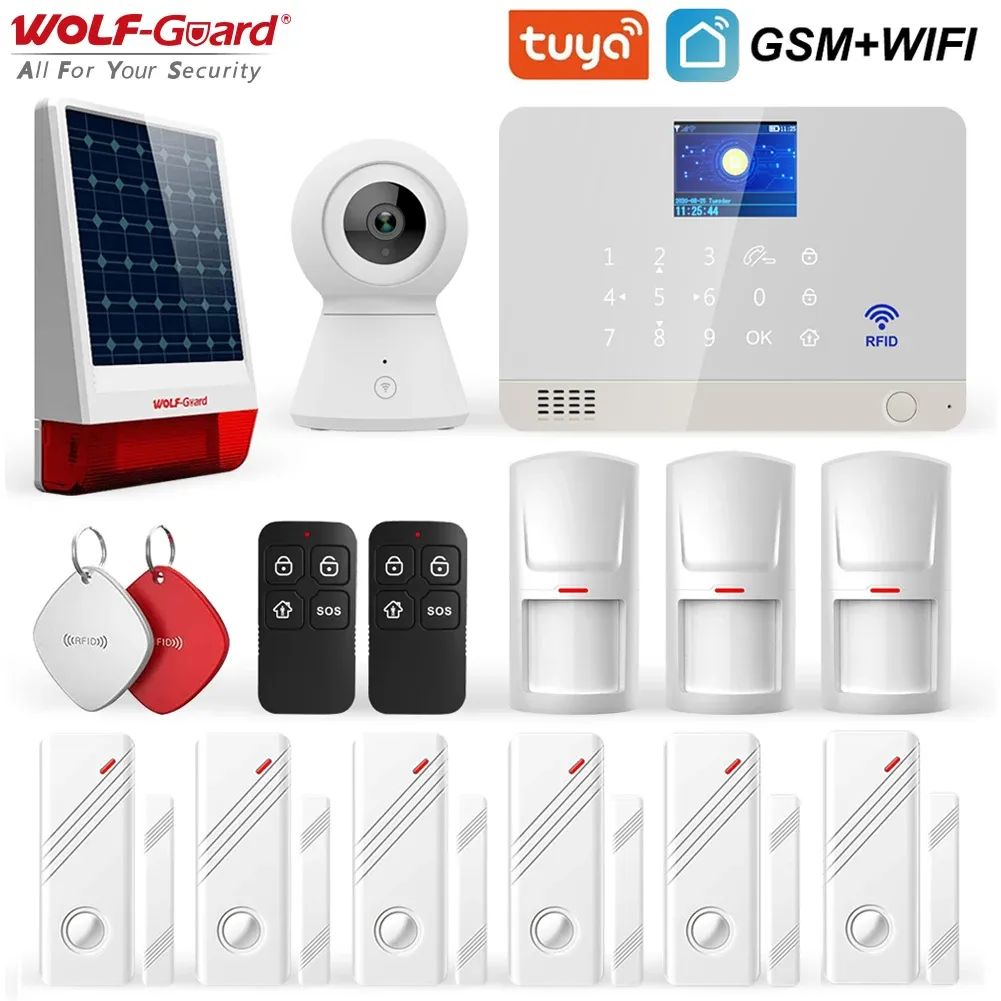 Kits WolfGuard WiFi GSM LCD Home Alarm Sicherheitssystem Tuya App Steuerelement 11 Sprachen DIY Camera Solar Siren PIR Detektor -Türsensor