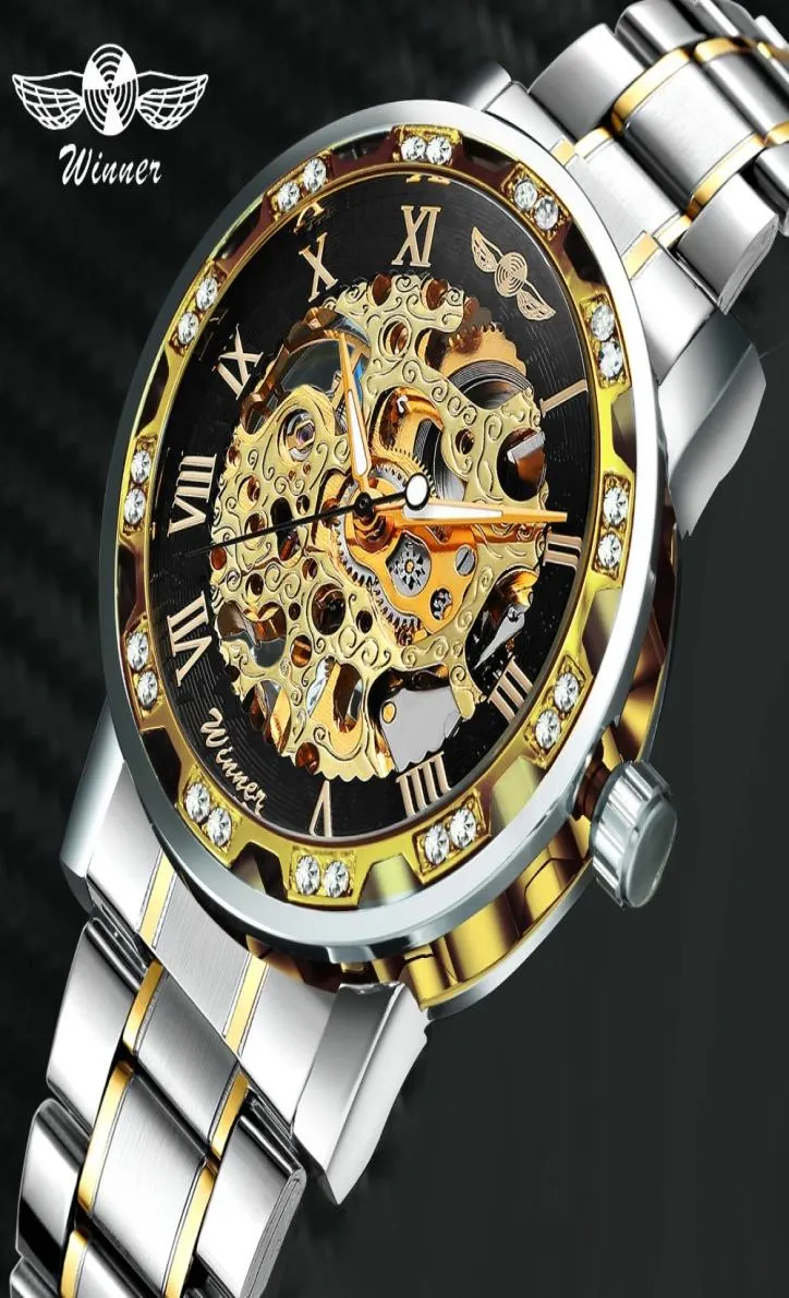 Zwycięzca Hollow Mechanical Mens Watches Top Marka luksusowa mrożona mrożona moda punkowa zegar ze zegarem mężczyzny 2011139043697