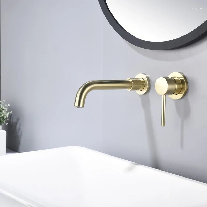 Badkamer wastafel kranen bassin kraanbadbad mixer kraan muurbevestiging messing geborsteld goud met eenpersoonskoud koud water witte roos set