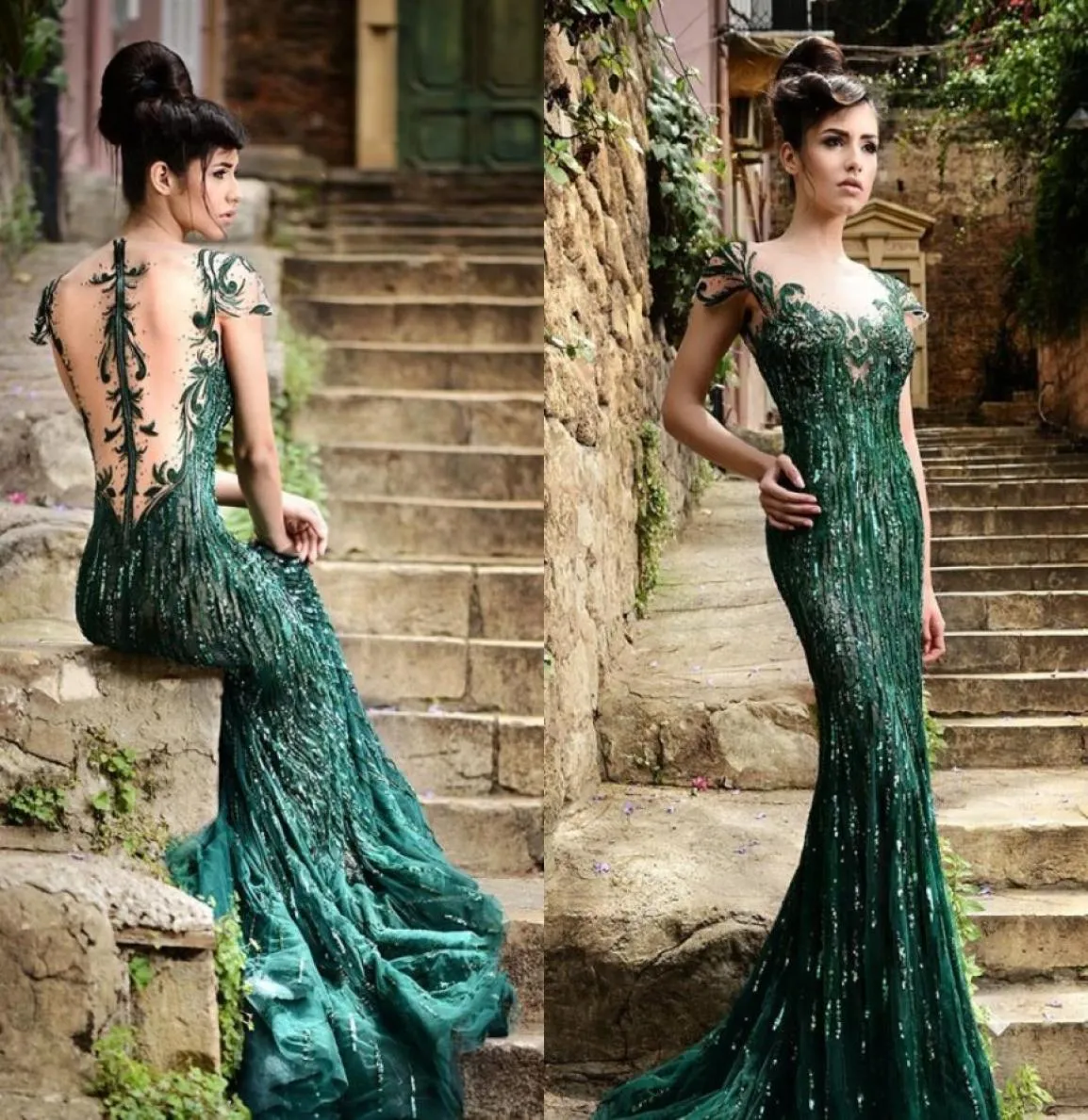 2015 Rami Salamoun платья зеленые выпускные платья Русалка Scoop Cap Рукава Sheer Back Формальные платья