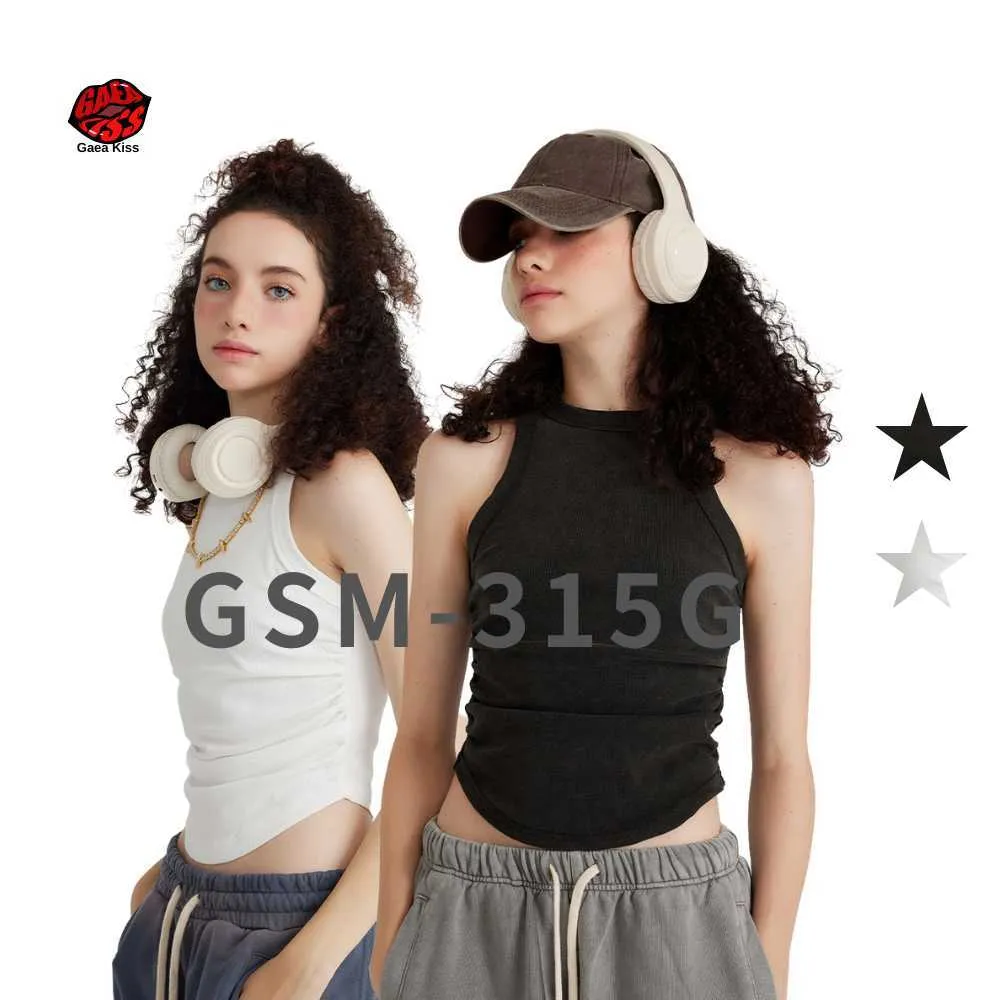 OEM Womens Sans manches coupées courte 315G Tissu lourd couleur Couleur continue serrée T-shirt de gilet à cou de cou serré pour femmes