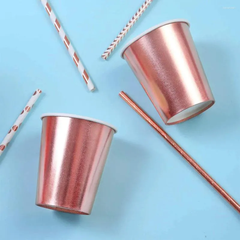 Disposable Cups Straws 9oz Cup Rose Gold Foil Paper 100 Packs Party Wedding Birthday Drinking Tableware Supplies