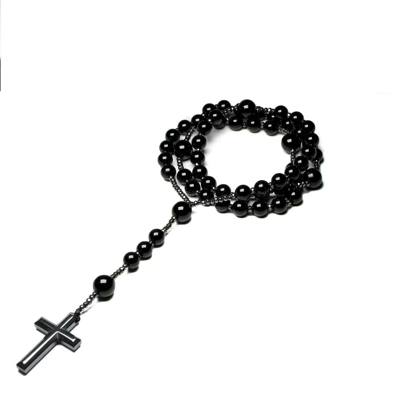 Halsketten natürliche schwarze Onyx -Perlen katholische Christus Rosenkranz Halsketten Hämatit Kreuz Anhänger Männer Halskette Meditation Mala Schmuck Schmuck