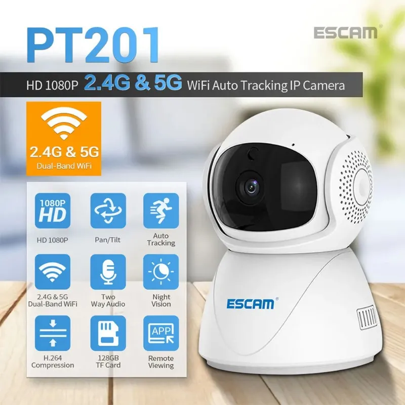 ESCAM PT201 1080P 스마트 감시 카메라 카메라 무선 CCTVNetwork 2.4G 5G WiFi IP 카메라 IN 야간 비전 베이비 모니터