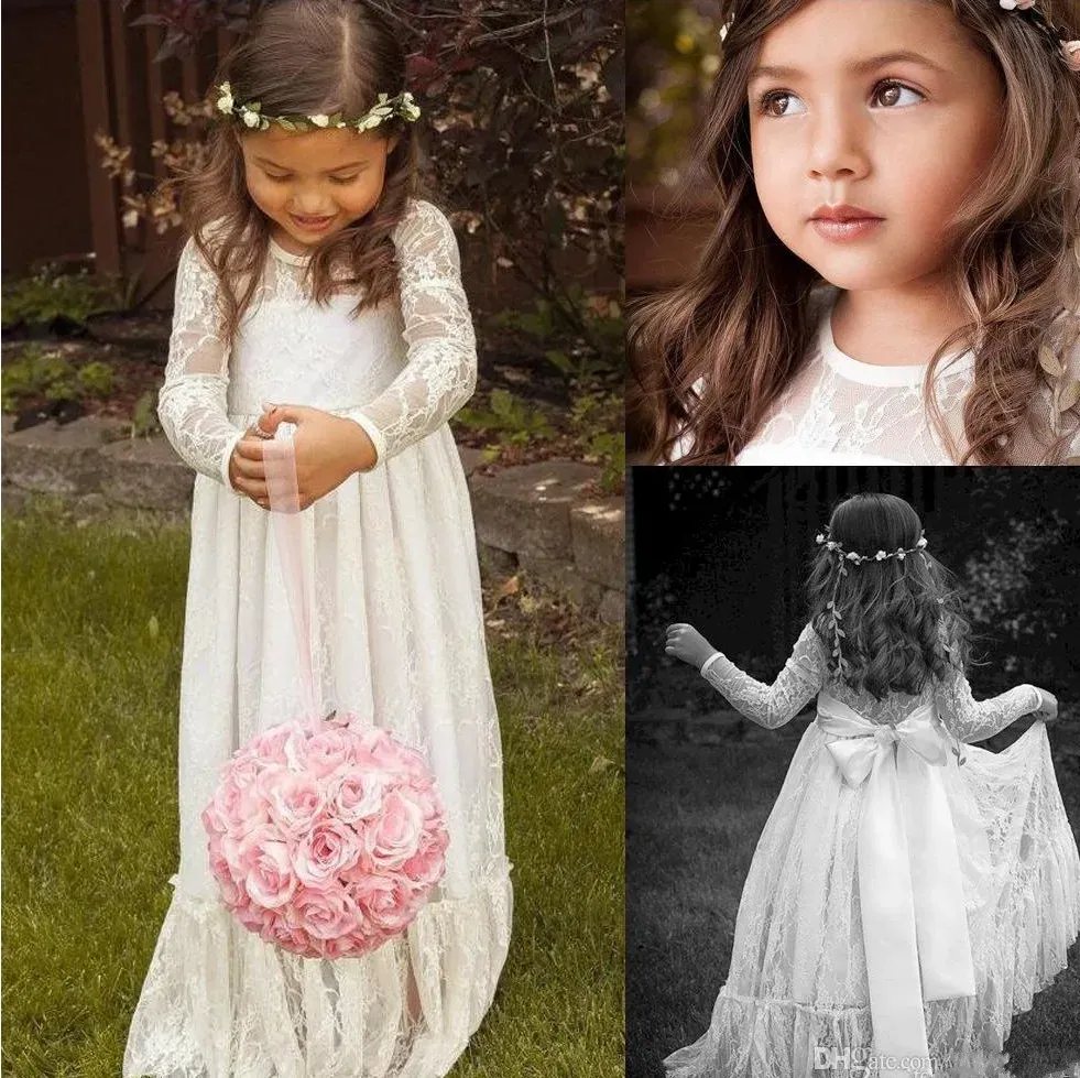 Dresses Sheer Lace Neck Flower Girl Dresses Long Sleeve Floor Length Ruffles Ivory Flowergirl Dresses Bow Sash Bohemian Wedding Gowns for