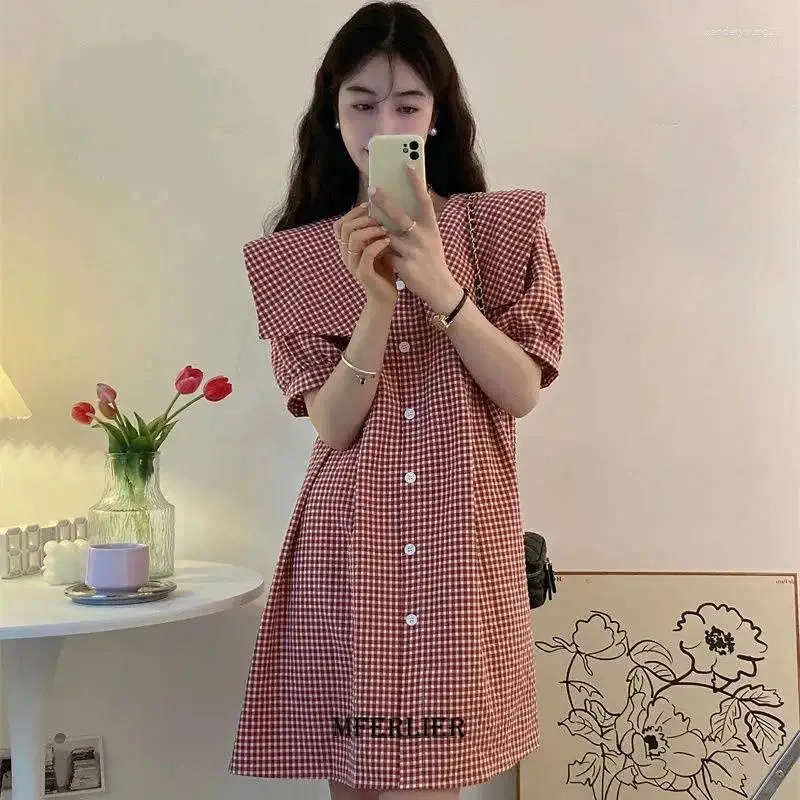 Party Dresses Large Size 6XL 150kg Plaid Dress Summer Women Vintage Short Sleeve Sailor Collar A Line Oversized