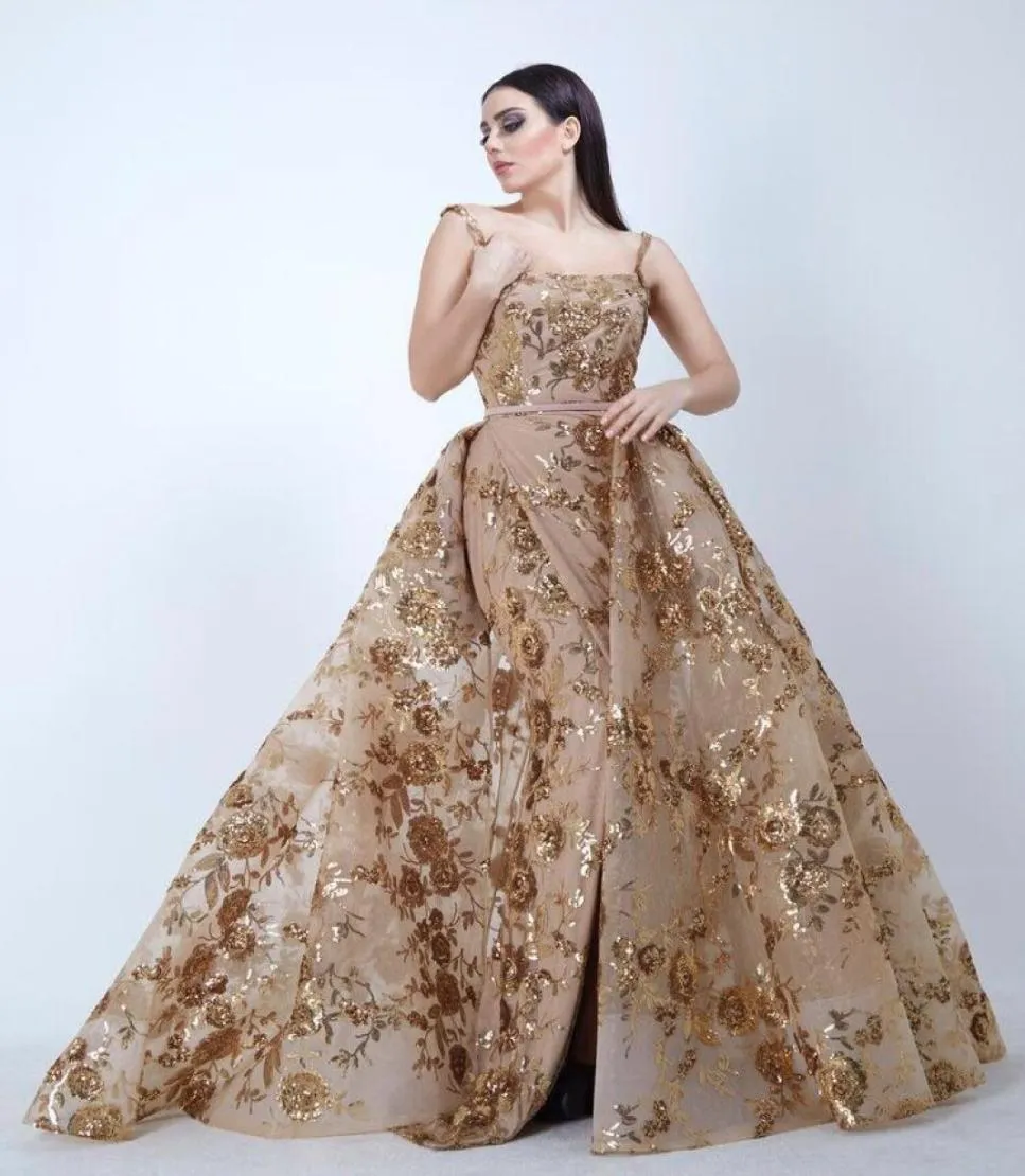 2019 Saudi Arabic Evening Dresses Long Detachable Skirt Gold Applique Evening Gown Vestido De Longo5302623