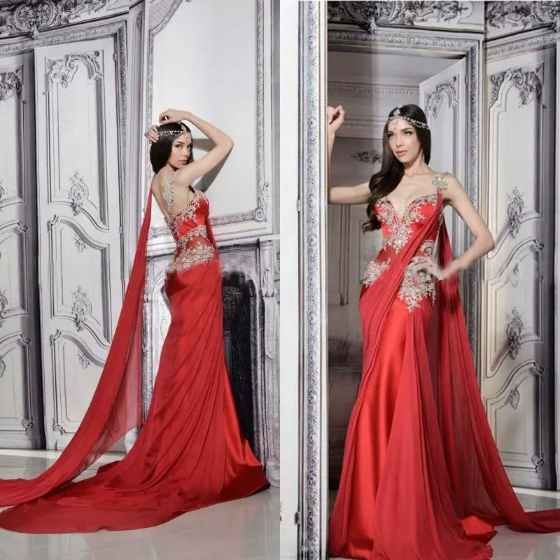 Dresses Gorgeous Indian Dresses Long Formal Red Evening Gowns Sheer Straps Court Train Ruched Chiffon Lace Appliques Prom Dress with Ribbo