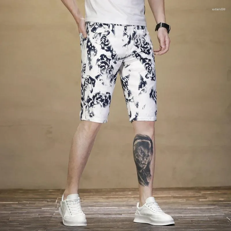 Heren jeans zomer dunne denim shorts mannen witte digitale xingx bedrukte stretch slanke rechte persoonlijke vrije tijd bijgesneden broek