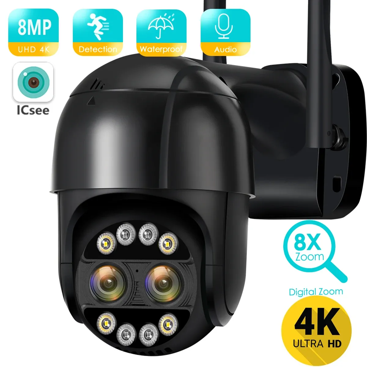 Cameras 8MP 4K 2,8 mm + 12 mm Double Lens 8x Hybrid Zoom PTZ IP Camera WiFi Human Detection Human 4MP Audio P2P Sécurité Caméra de surveillance