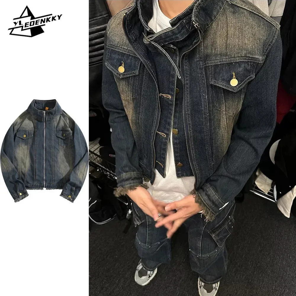 Cropped Denim Jacket Men Women Washed Stand-up Collar Locomotive Cowboy Coat High Street Baggy Couples Casual Tops Spring Unisex 240322
