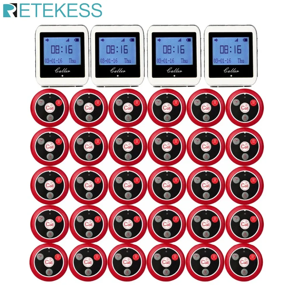 Accessoires Retekess Wireless Ober Calling System voor restaurantservice Pager System Gasten Pager 4 Bekijk ontvanger + 30 Oproepknop F3288B