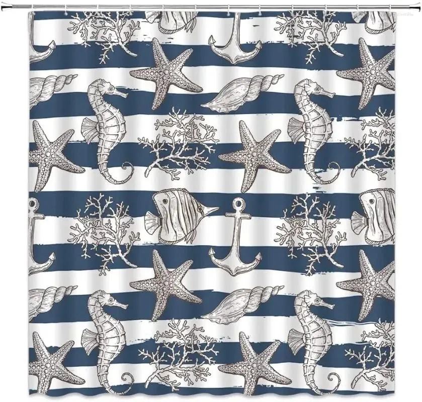 Duschvorhänge Seestern Vorhang grüne Streifen Anker Seahorse Korallenschuhe Sommer Tropical Sea Animal Print Badezimmer Dekor Polyester Haken