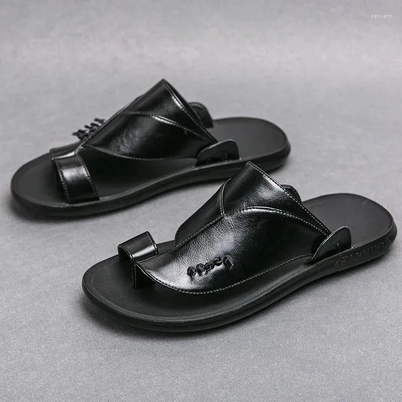 Slippels zomer teen sandalen echte lederen mannen schoenen 2024 slip op casual outdoor heren glijbanen comfortabel strand