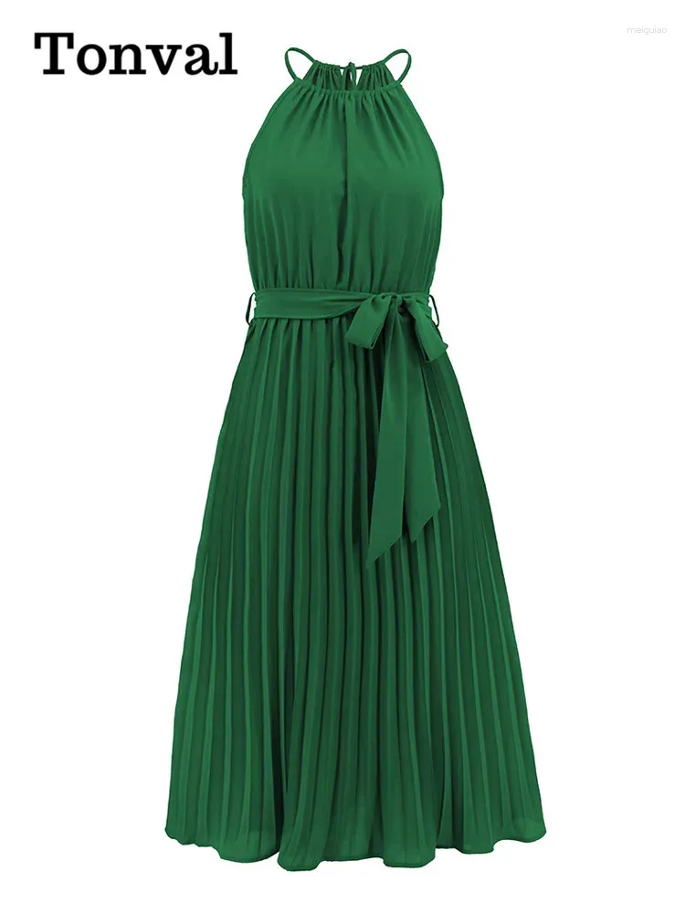 Lässige Kleider Tonval Neckholder Hals ärmellose Sommer lang für Frauen Grüne elastische Taille Urlaub Outfits Faltenkleid
