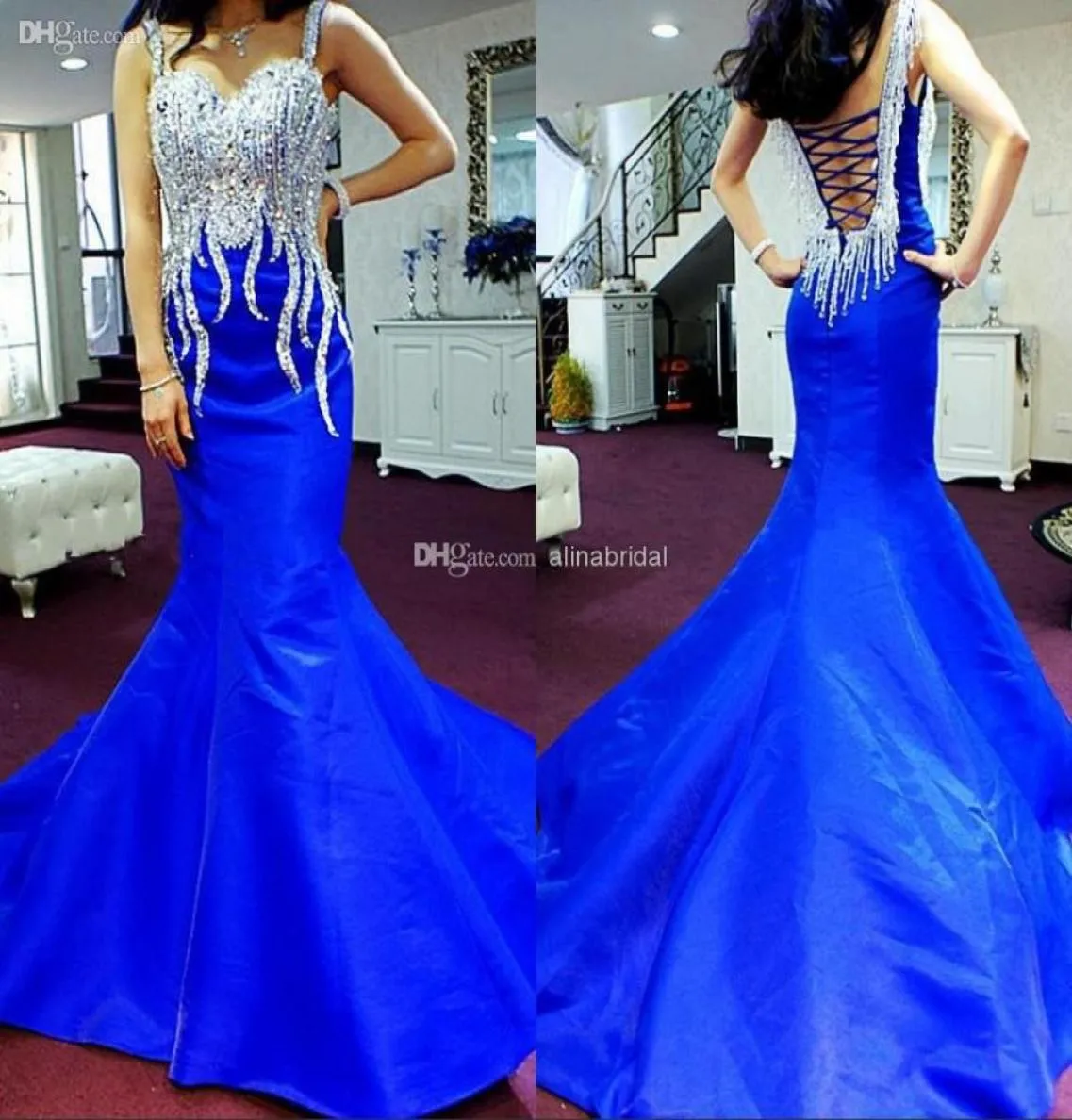 New Arrival 2018 Evening Dresses Sweetheart Straps Sexy Backless Mermaid Court Train Luxury Beaded Long Royal Blue Formal Gowns Pa1463639