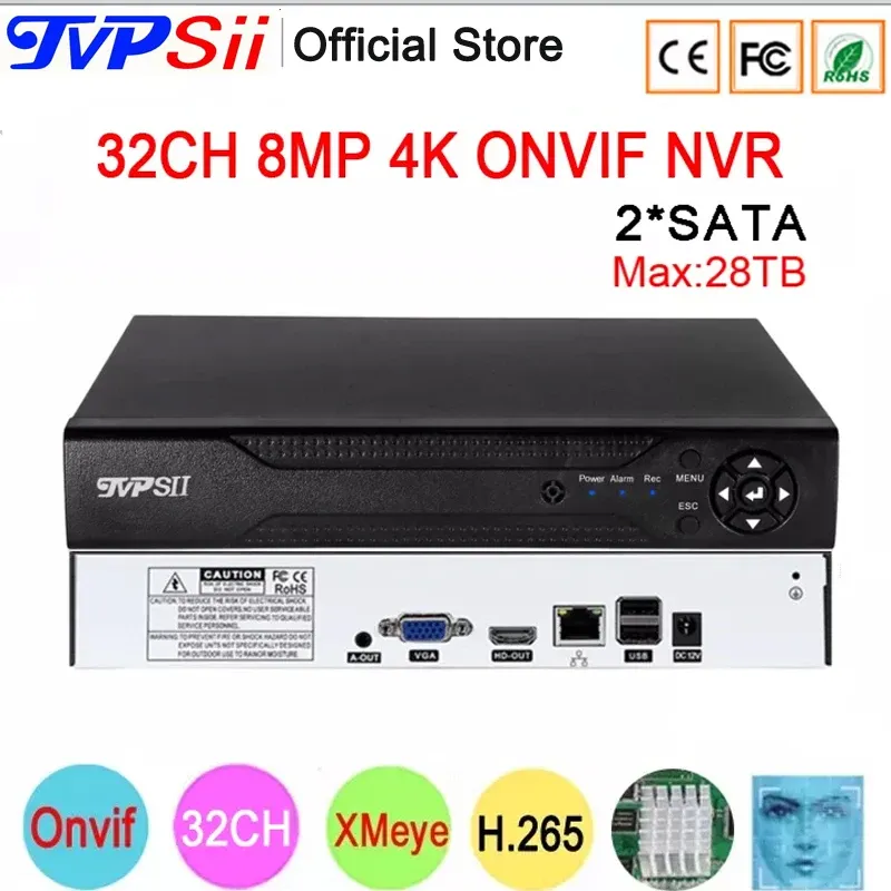 Rilevamento del viso del registratore 12V HI3536C Video di sorveglianza Xmeye Registratore 8MP 4K 32CH 32 CANALE H.265+ 2*SATA IP onvif Wifi CCTV DVR NVR