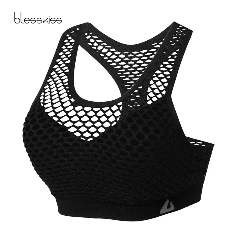 Bras Blesskiss Mesh Sheer Seamless Sports Bra Women Fitness Pliness Push Up Up Hollow Out Yoga Top Top Top Gron Sport BH Athletic Wear