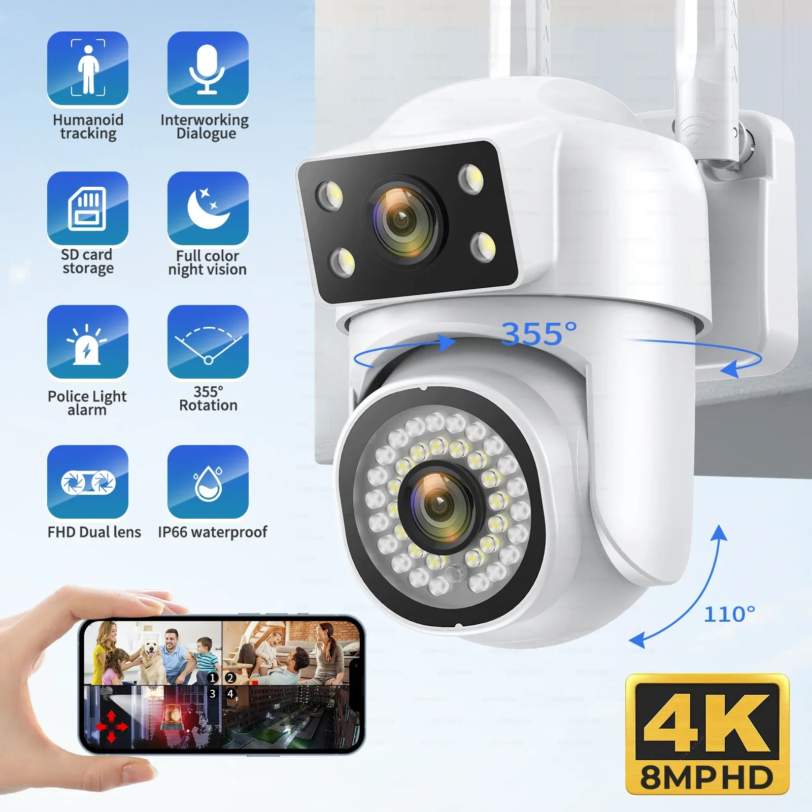 Камеры 8MP PTZ Wi -Fi Camera 1/3PCS HD четыре экрана Полноцветное ночное видение безопасности.